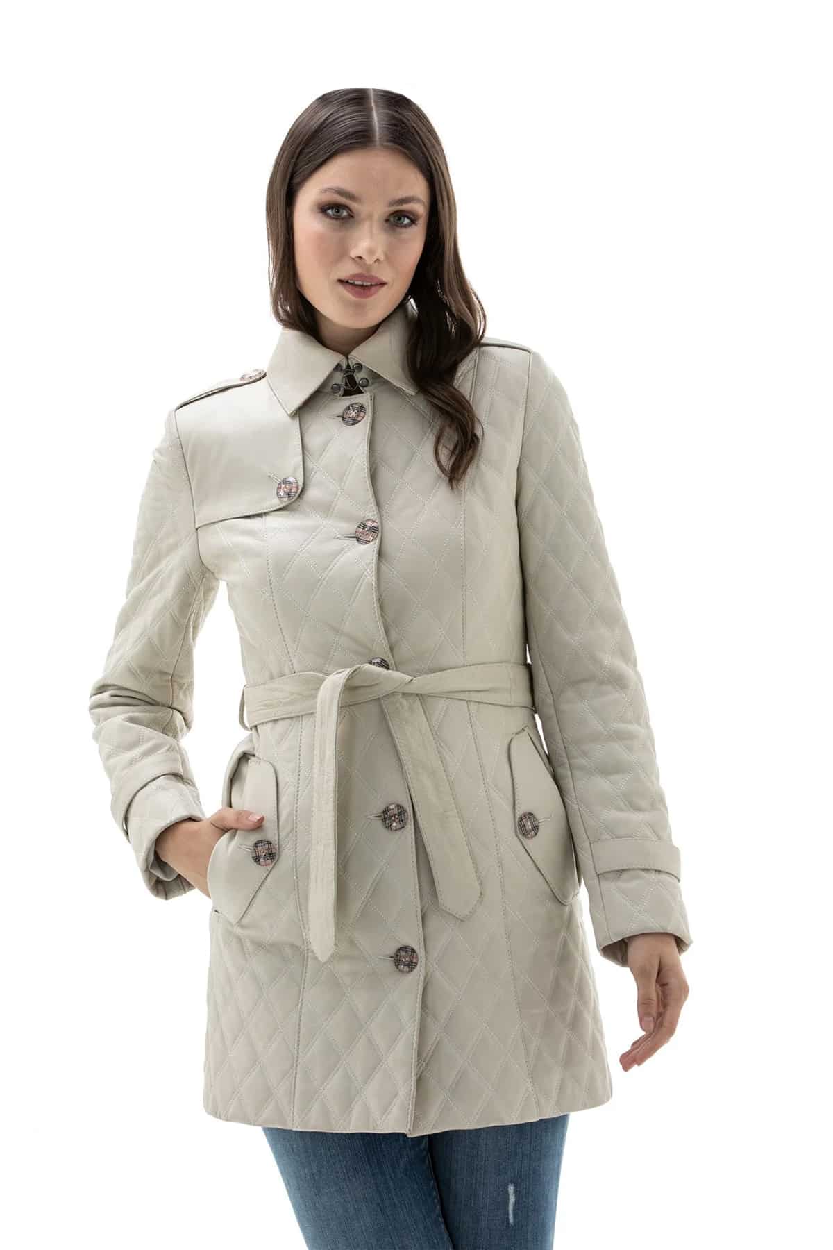 Women's 100 % Real Beige Leather Embroidery Coat