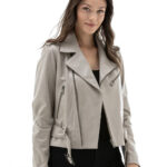 Women's 100% Real Beige Leather Biker Jacket