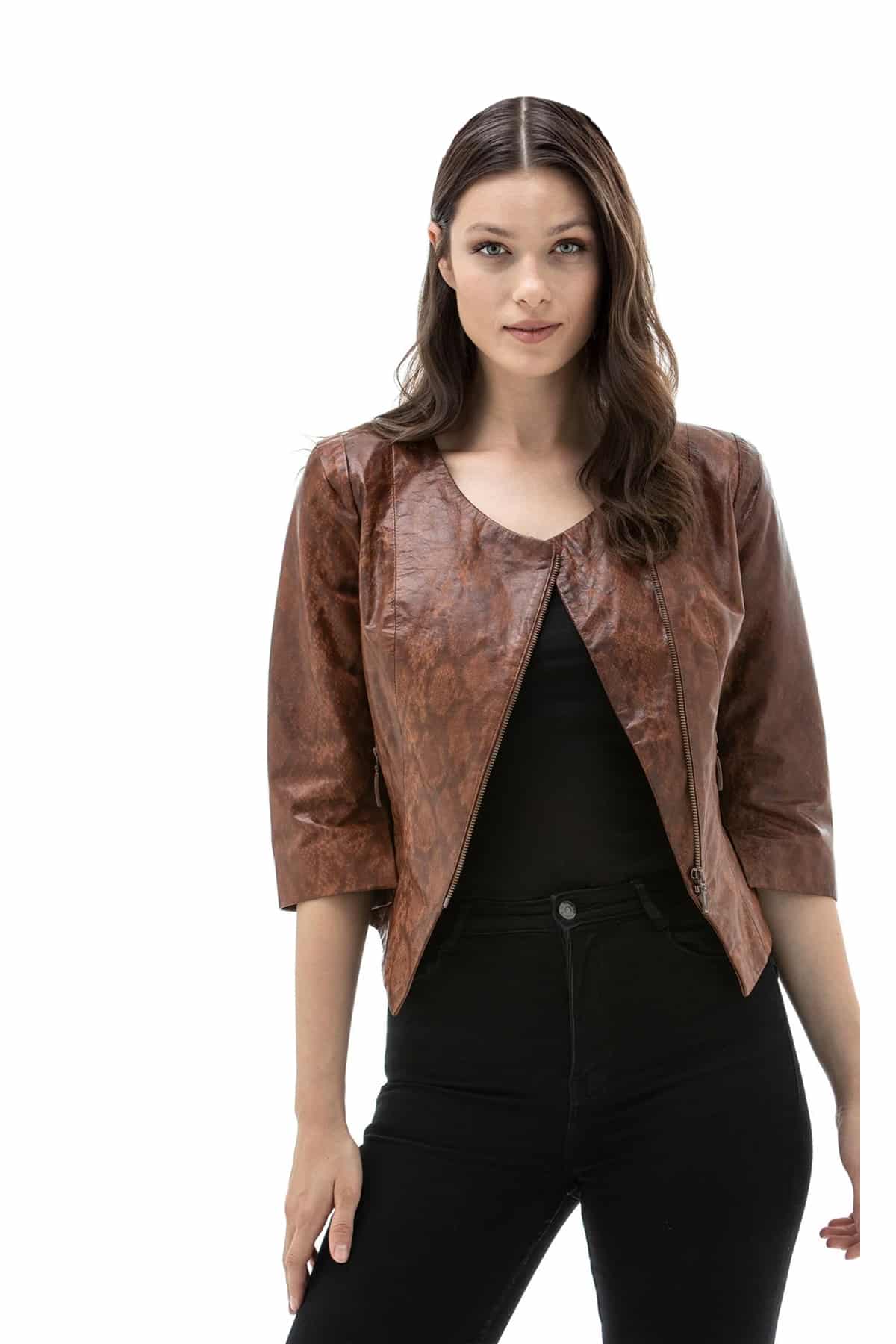 Women's 100 % Real Brown Leather Batik Jacket