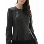 Women's 100% Real Black Leather Round Neck Jacket