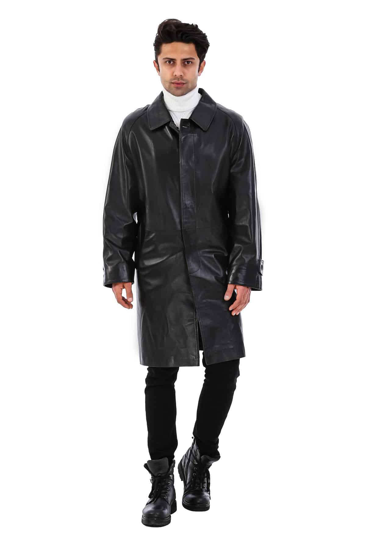 Men's 100 % Real Black Leather Ethan Long Coat