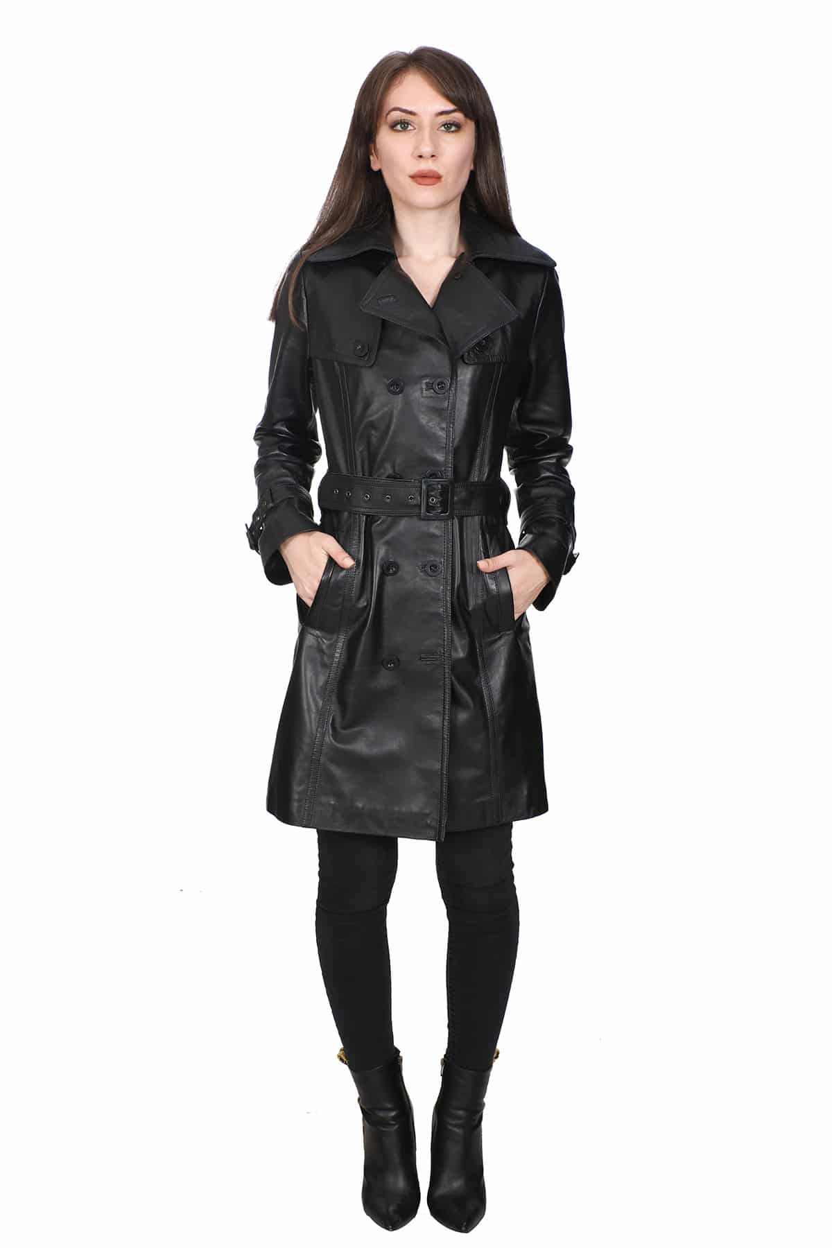 Daisy Women's 100 % Real Black Leather Overcoat