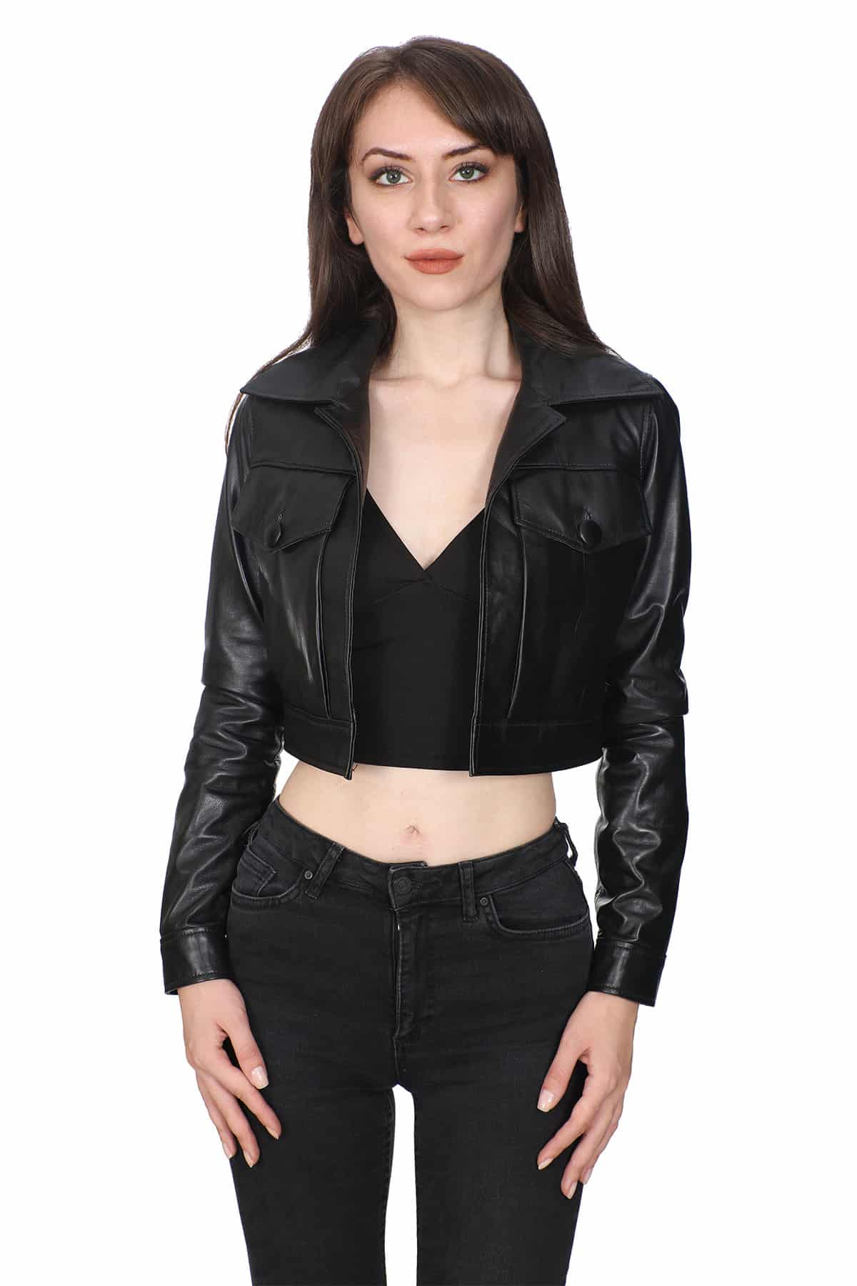 Cropped Length Women’s Leather Jacket in Black