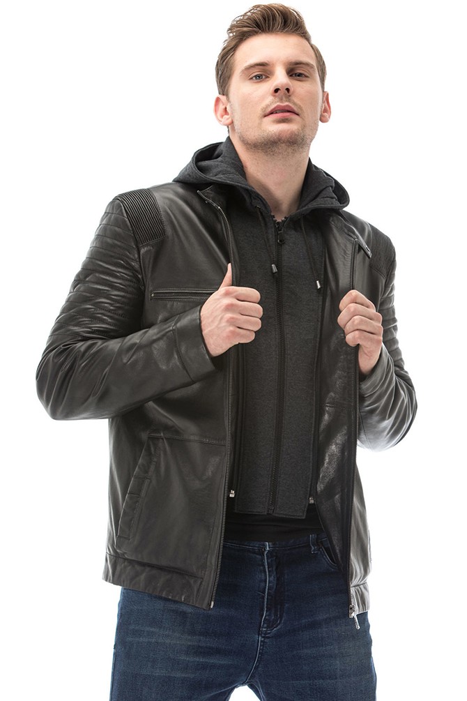 Men's Black Hooded Leather Jacket - Genuine Hooded Jackets