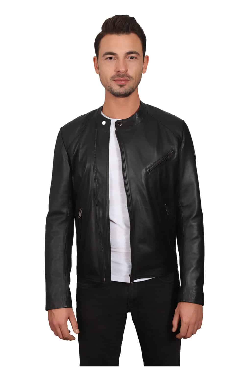 Men's 100 % Real Black Leather Detailed Stitched Jacket