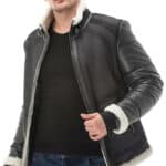 Men's 100% Real Grey Leather White Fur Jacket