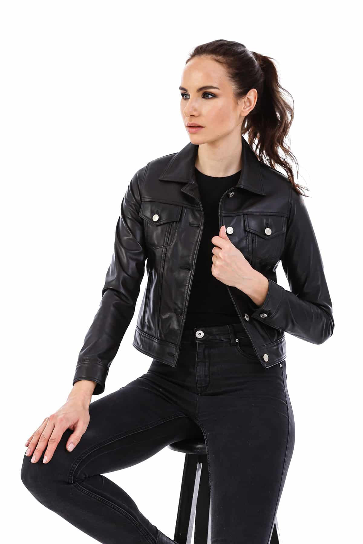 Eva Black Women’s Bomber Leather Jacket – UFS