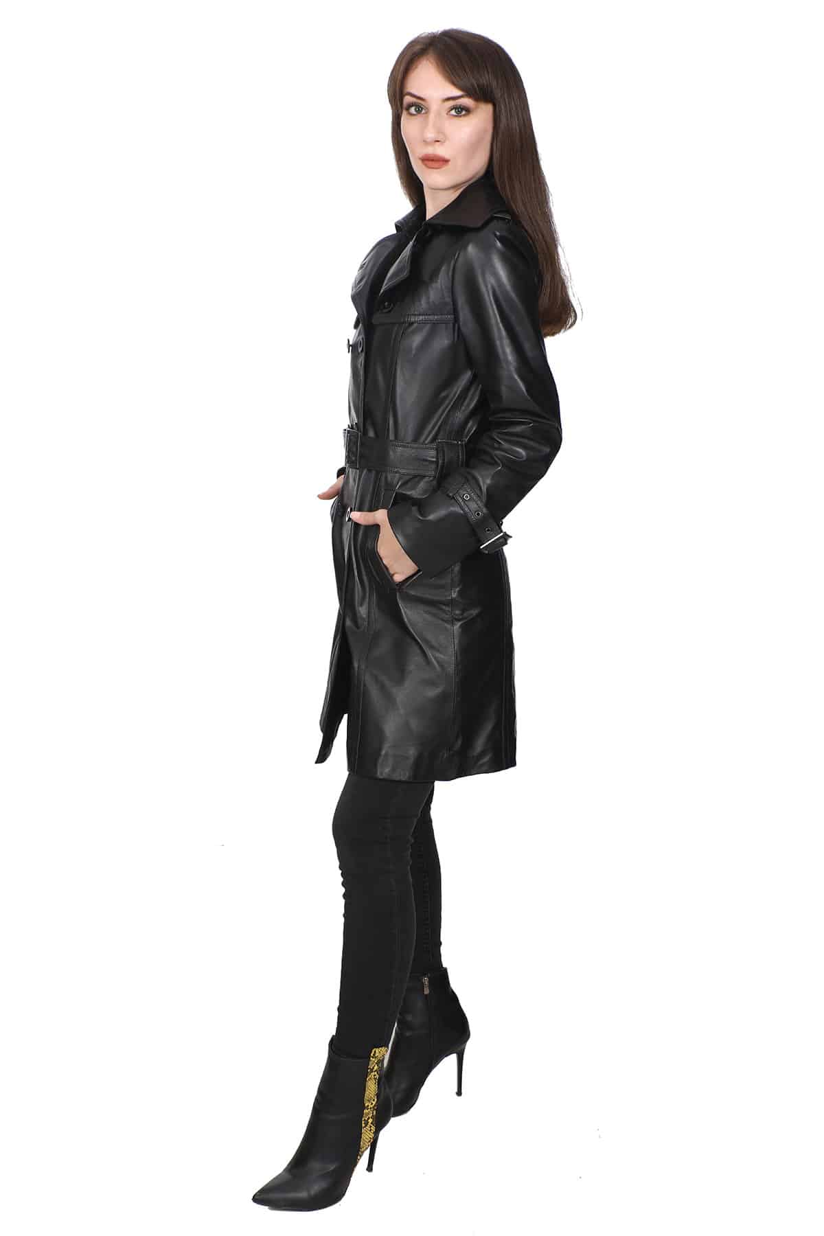 Daisy Women's 100 % Real Black Leather Overcoat