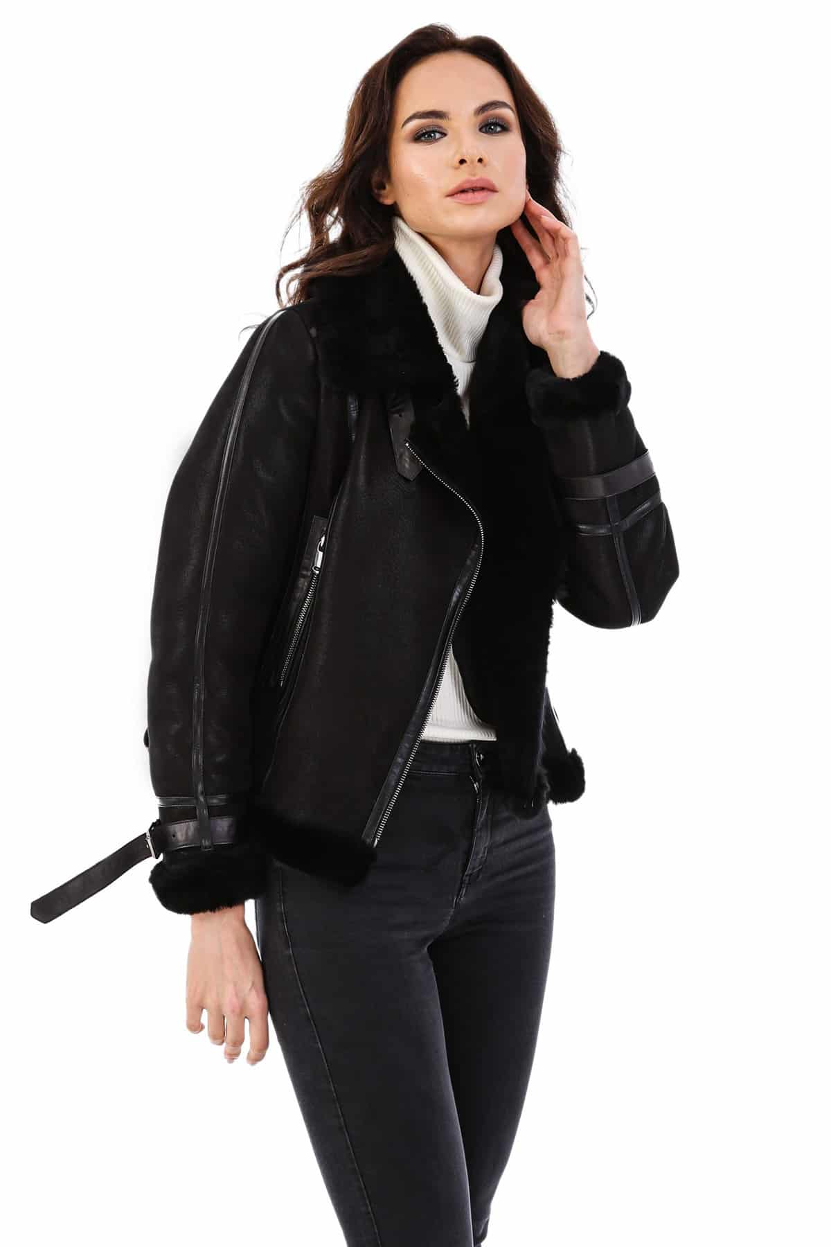 Women's 100 % Real Black Leather Faux-Fur Jacket