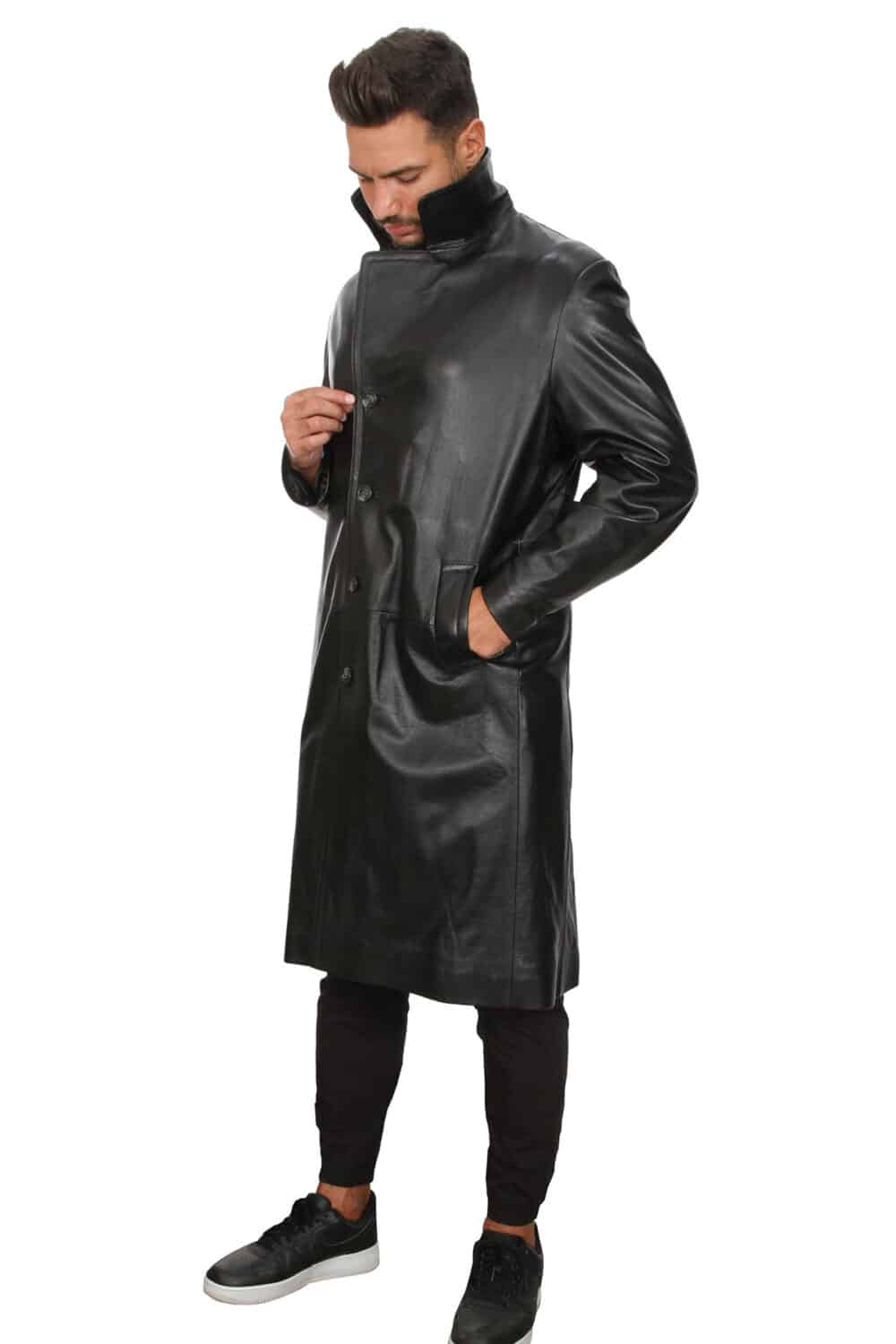 Black Leather Overcoat - Men's Petite Leather Trench Coat