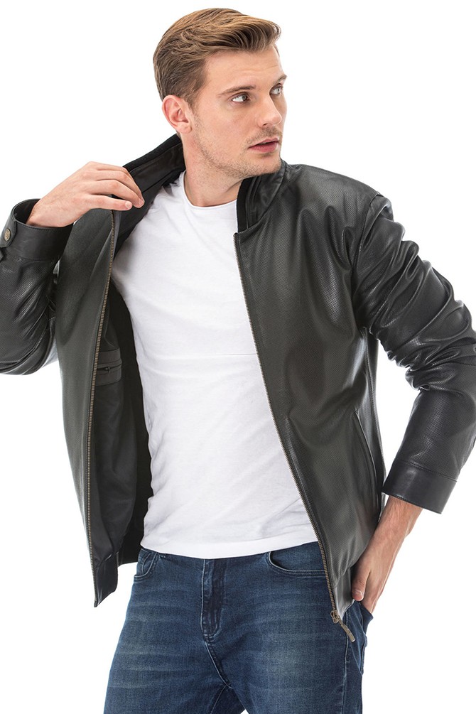 Men's 100 % Real Black Leather Perforated Bomber Jacket