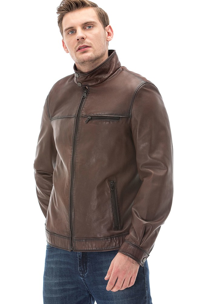 Men's 100 % Real Brown Leather High Collar Jacket