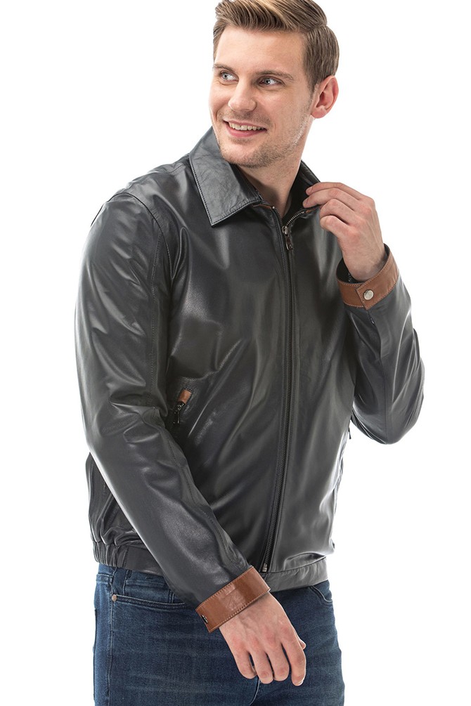 Men's 100 % Real Black Leather Double Colar Zig Jacket