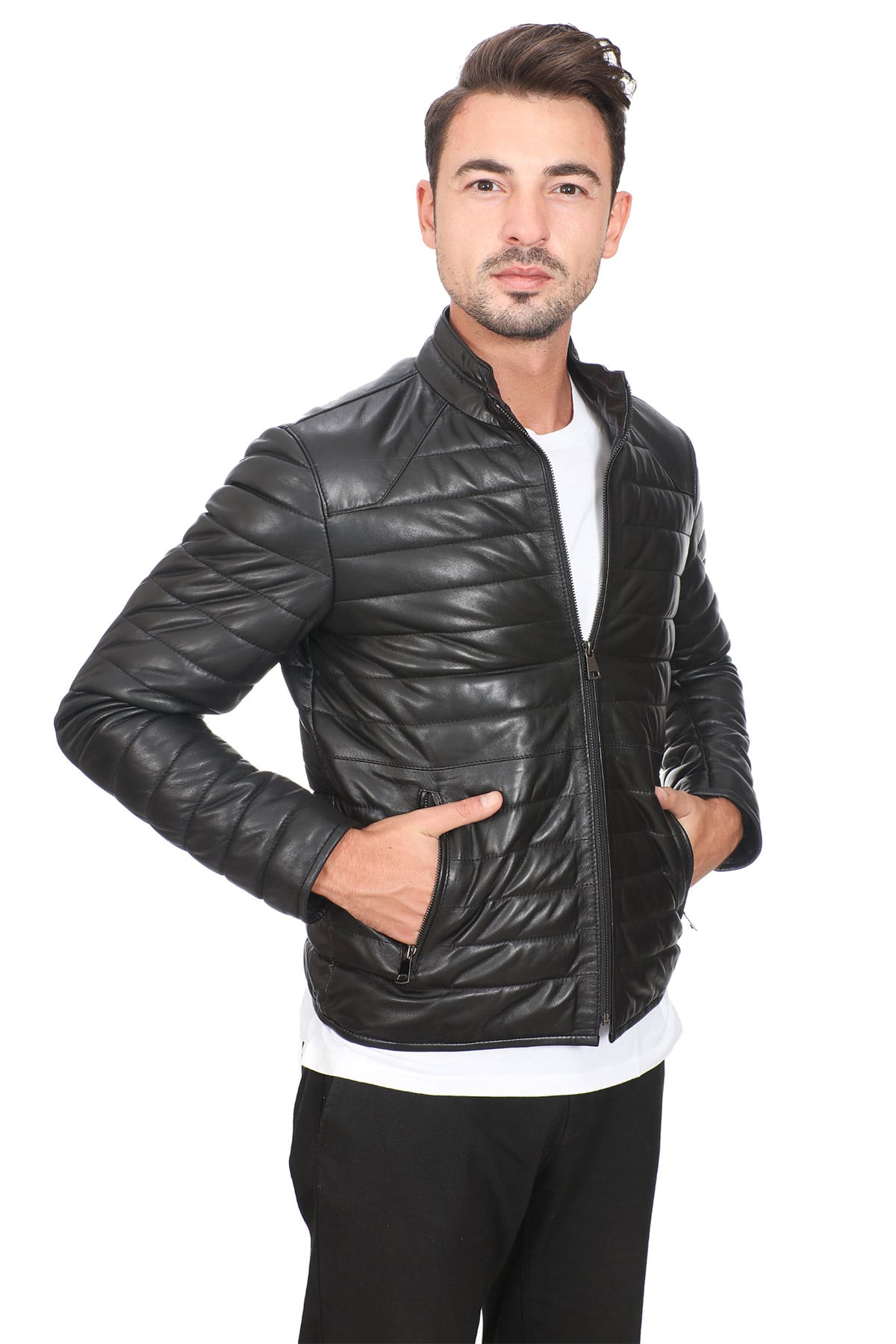 Men's 100 % Real Black Leather Puffer Style Classic Jacket