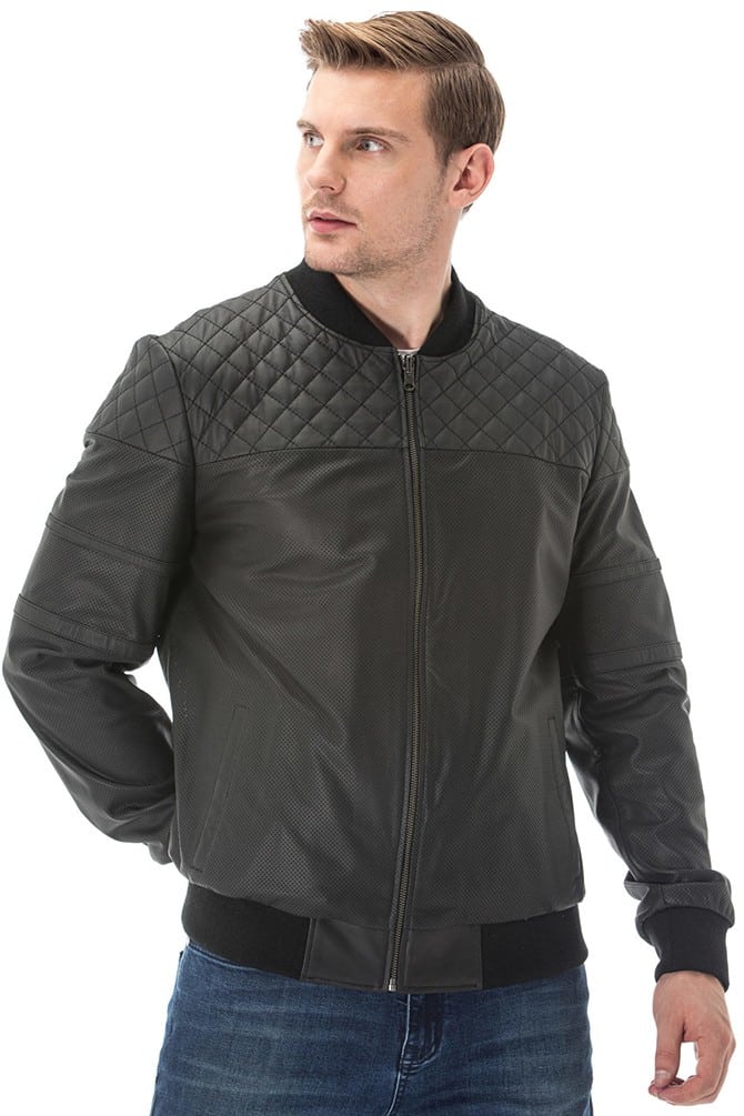 Men's 100 % Real Black Leather Perforated Quilted Jacket