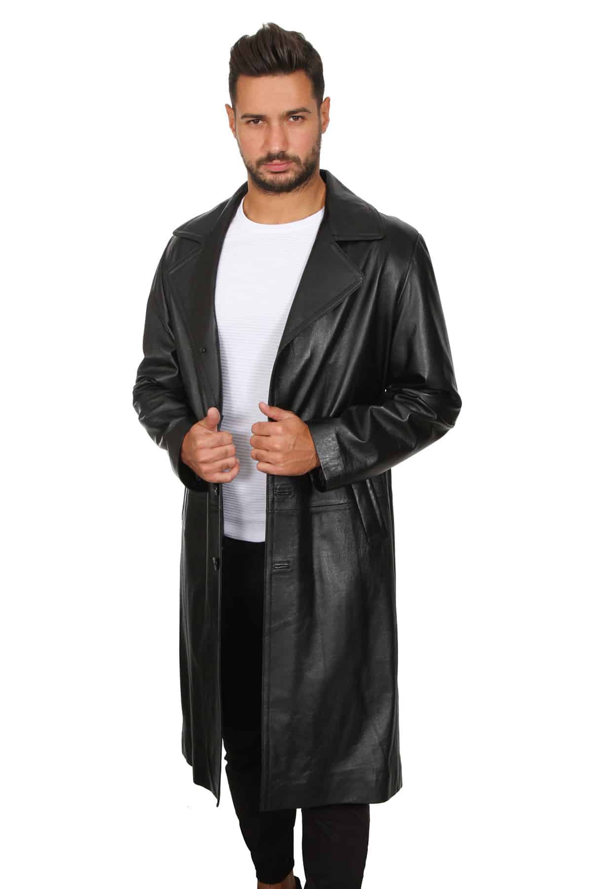 David Men's 100 % Real Black Leather Overcoat