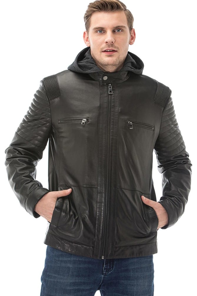 Men's 100 % Real Black Leather Hooded Vegetal Jacket