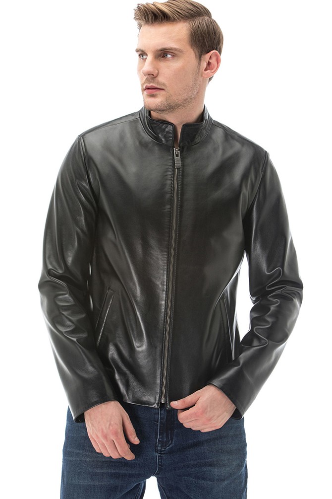 Men's 100 % Real Black Leather Judge Collar Jacket