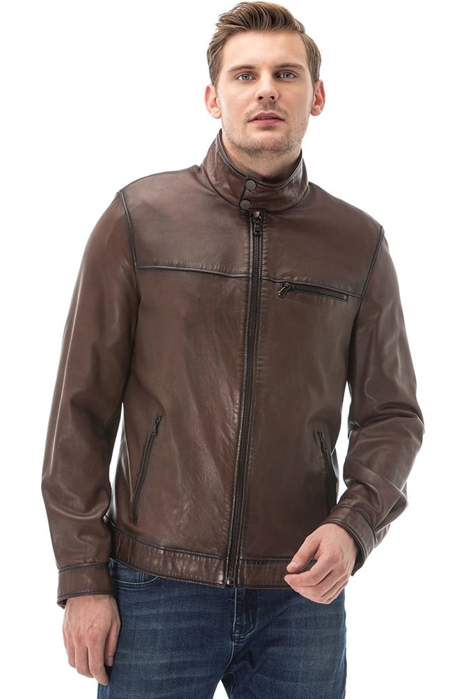 Men's 100 % Real Brown Leather High Collar Jacket