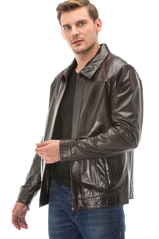 Men's 100 % Real Brown Leather Zippered Classic Jacket