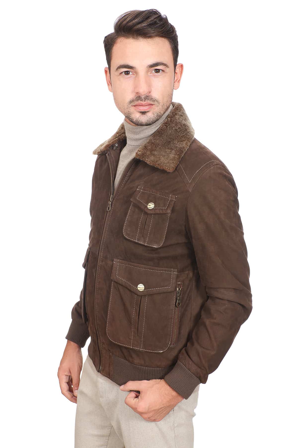 Mark Men's 100 % Real Brown Leather Faux-Collar Jacket