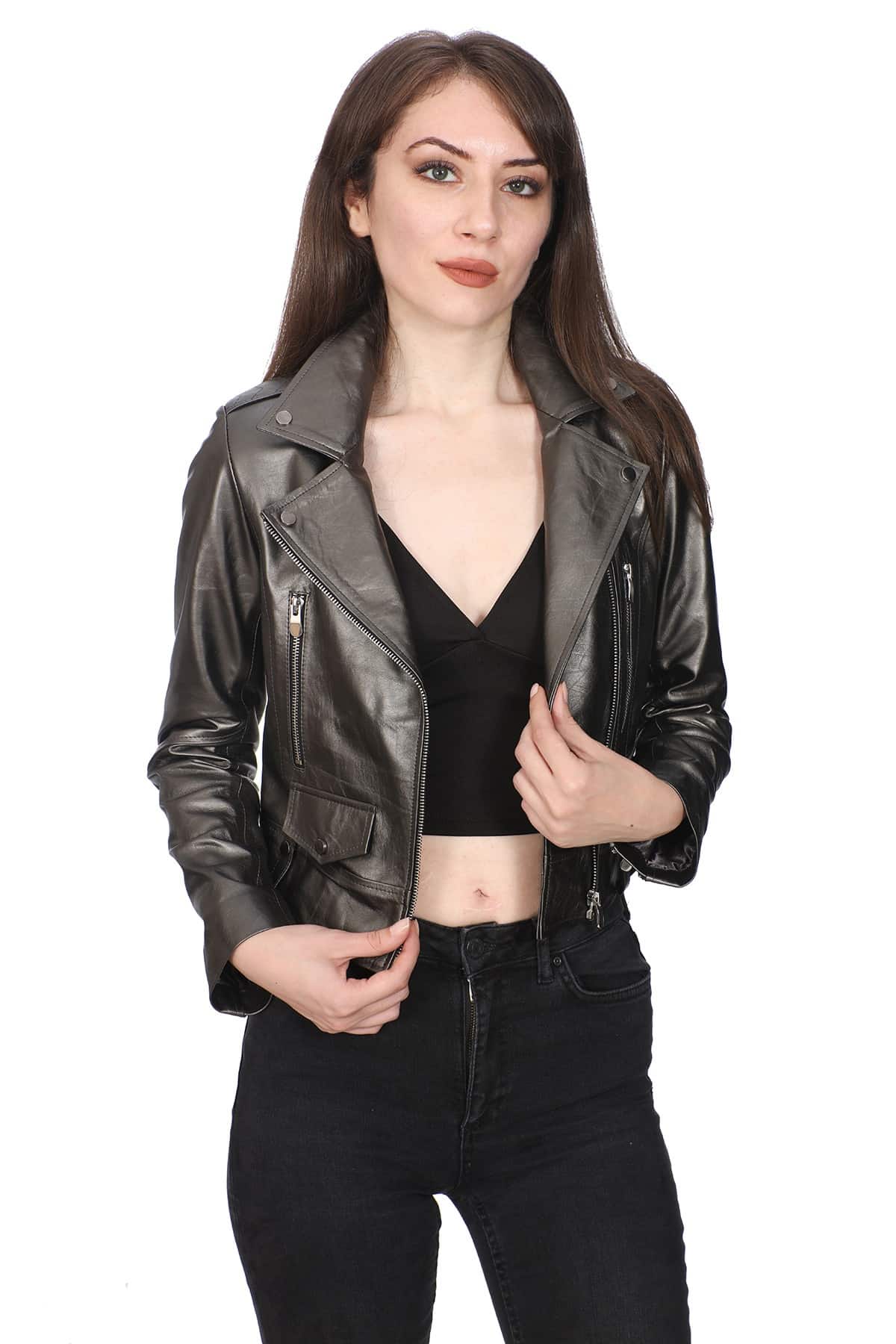 Women's 100 % Real Grey Leather Sporty Jacket