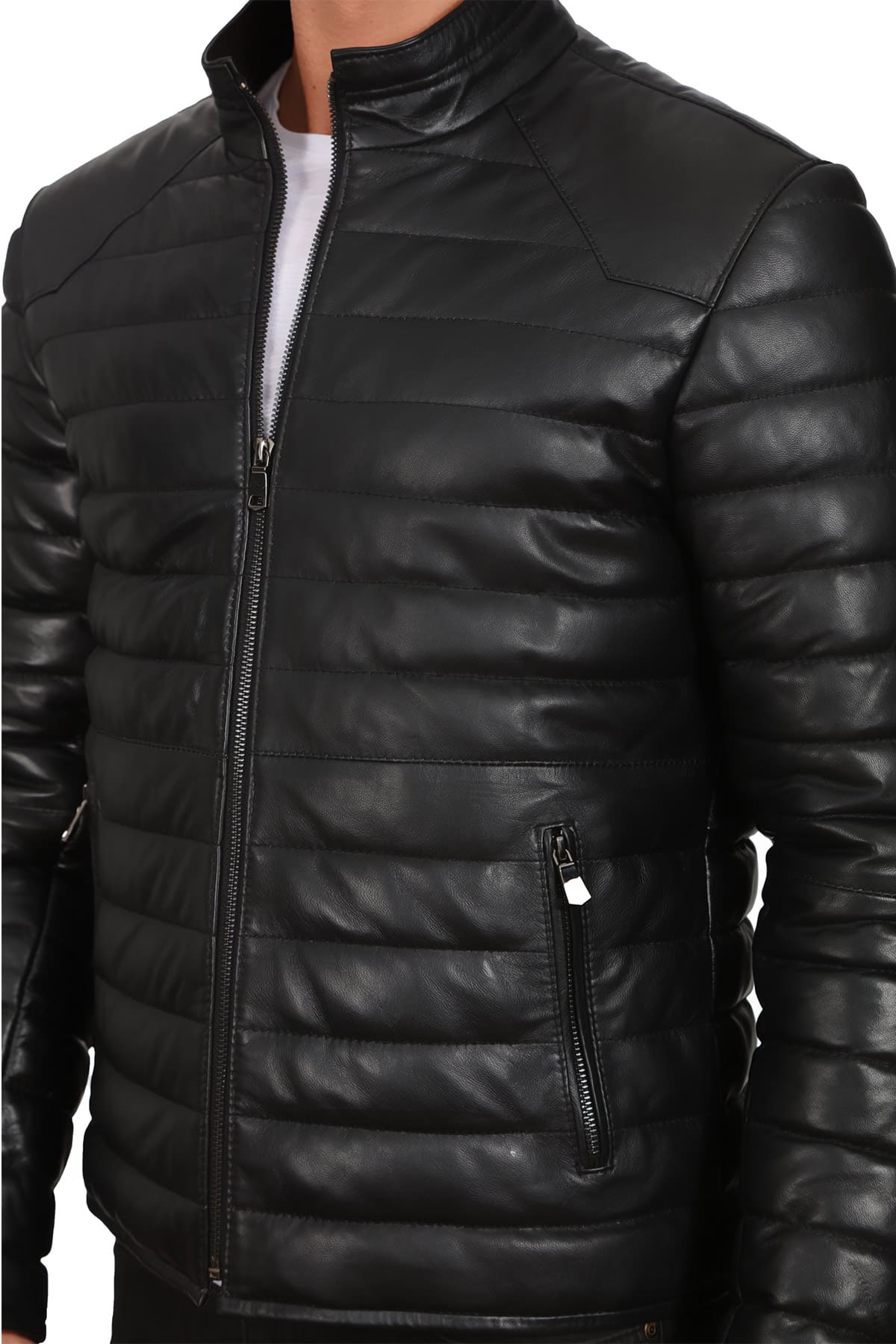 Men's 100 % Real Black Leather Puffer Style Classic Jacket