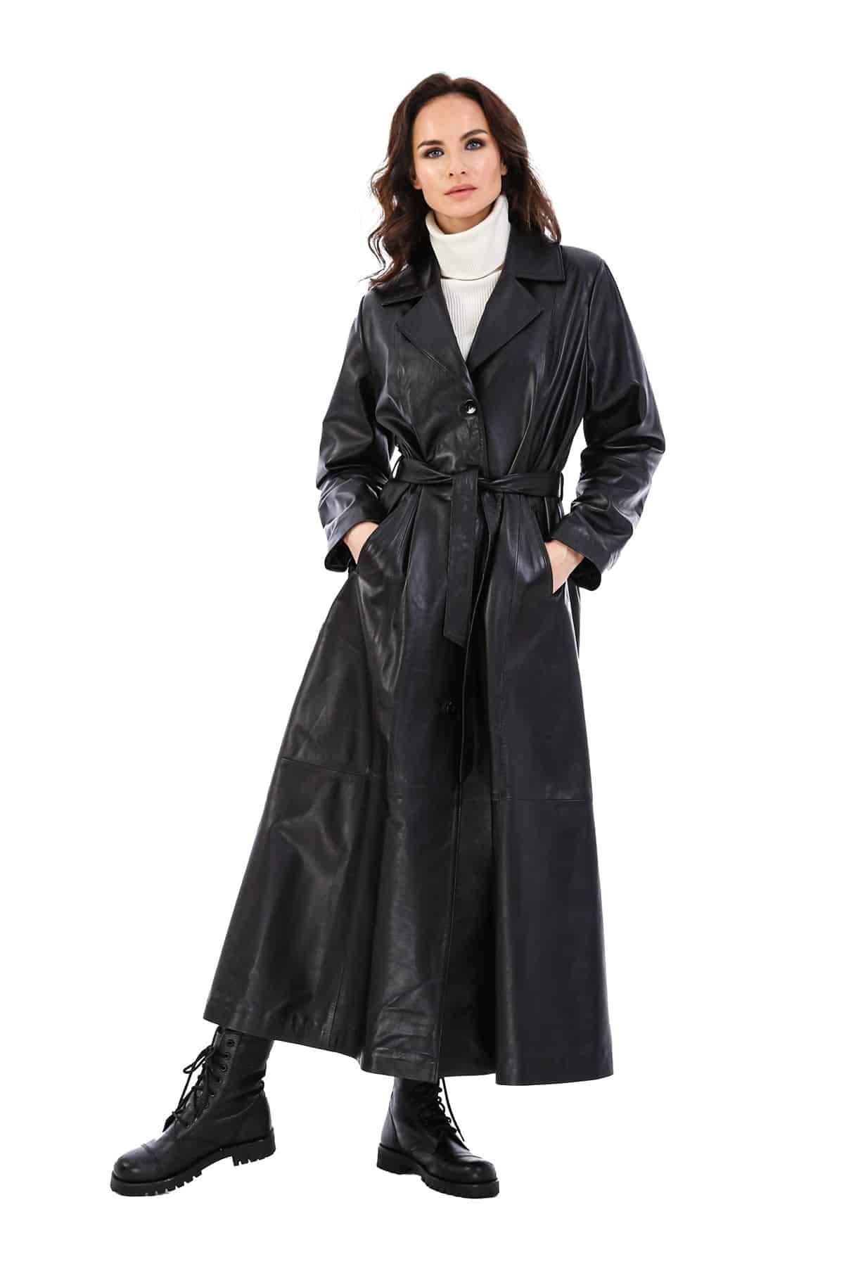 Alisa Women's 100 % Real Black Leather Trench Coat