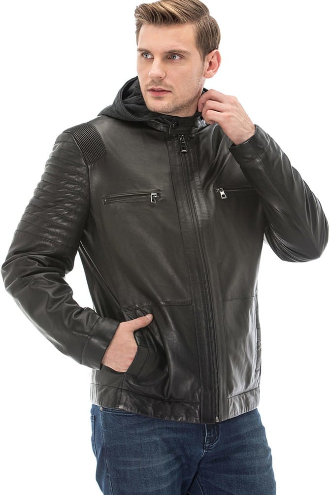 Men's Black Hooded Leather Jacket - Genuine Hooded Jackets