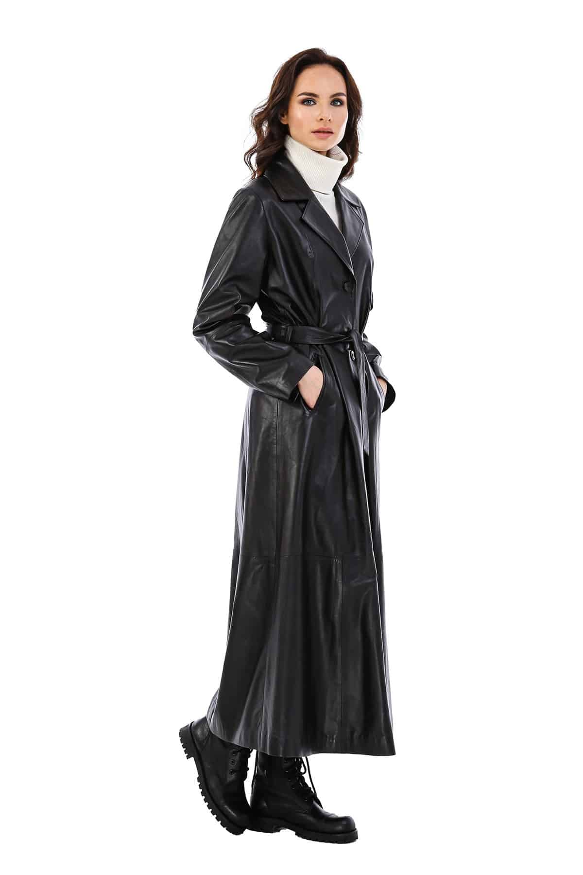 Alisa Women's 100 % Real Black Leather Trench Coat