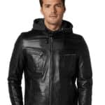 Men's 100% Real Black Leather Hooded Harper Jacket