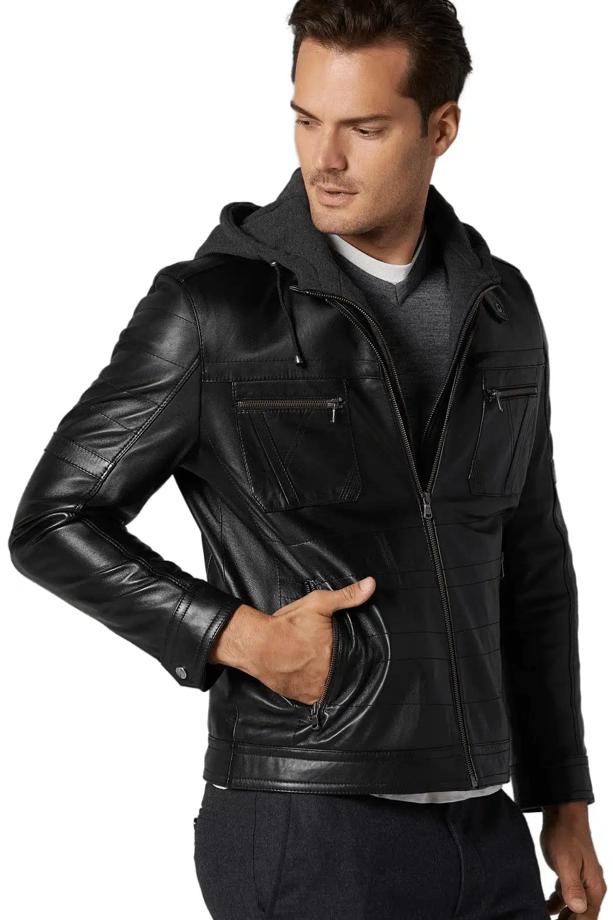 Men's 100 % Real Black Leather Hooded Harper Jacket