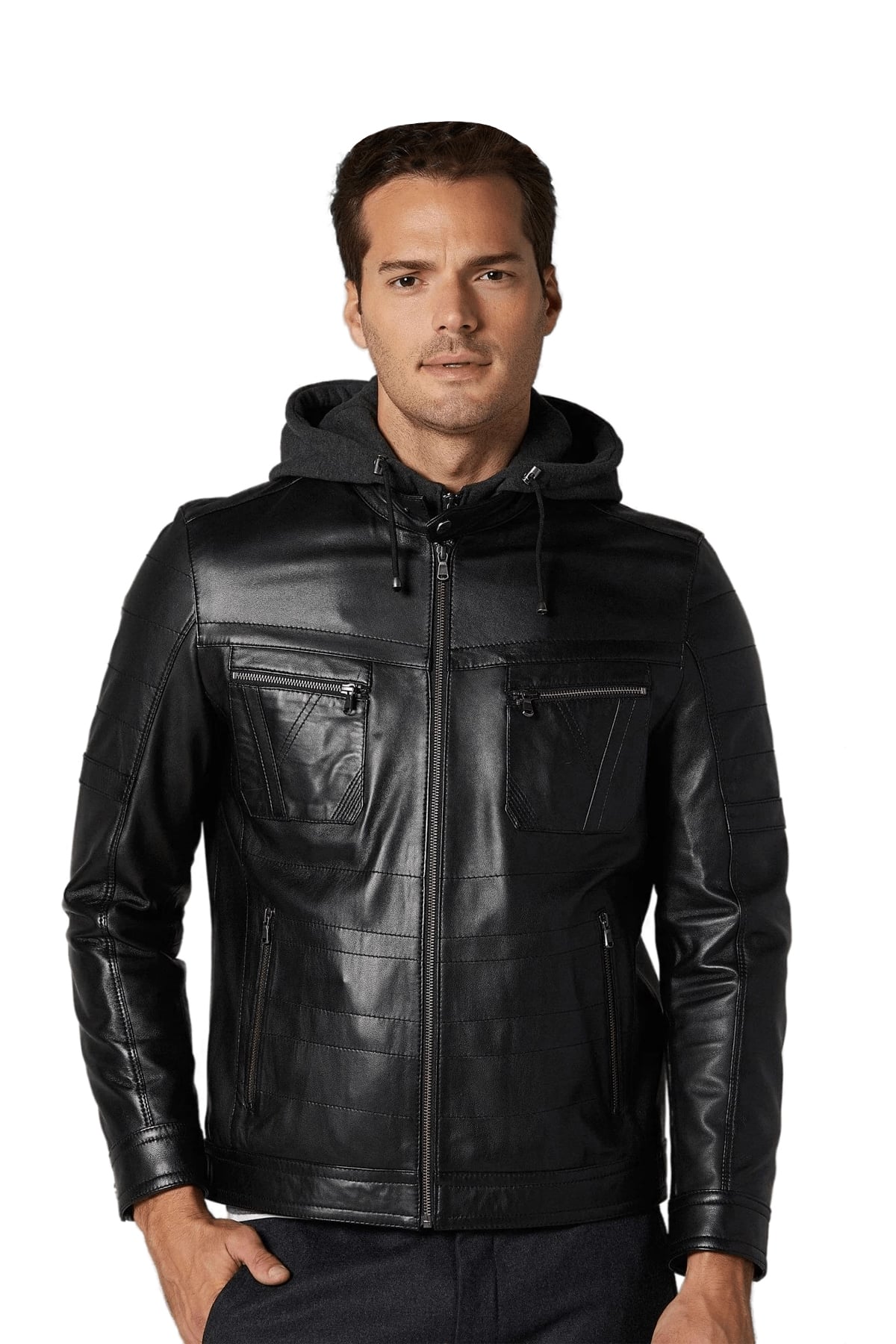 Men's 100 % Real Black Leather Hooded Harper Jacket