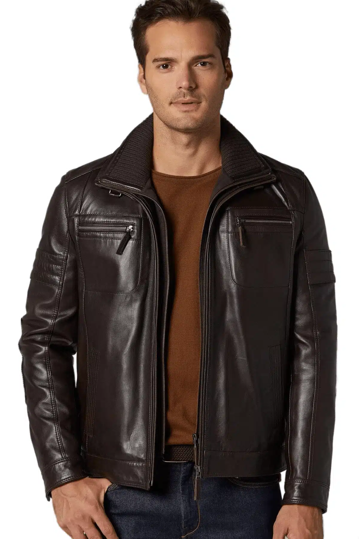 Men's 100 % Real Dark Brone Leather Lego Jacket