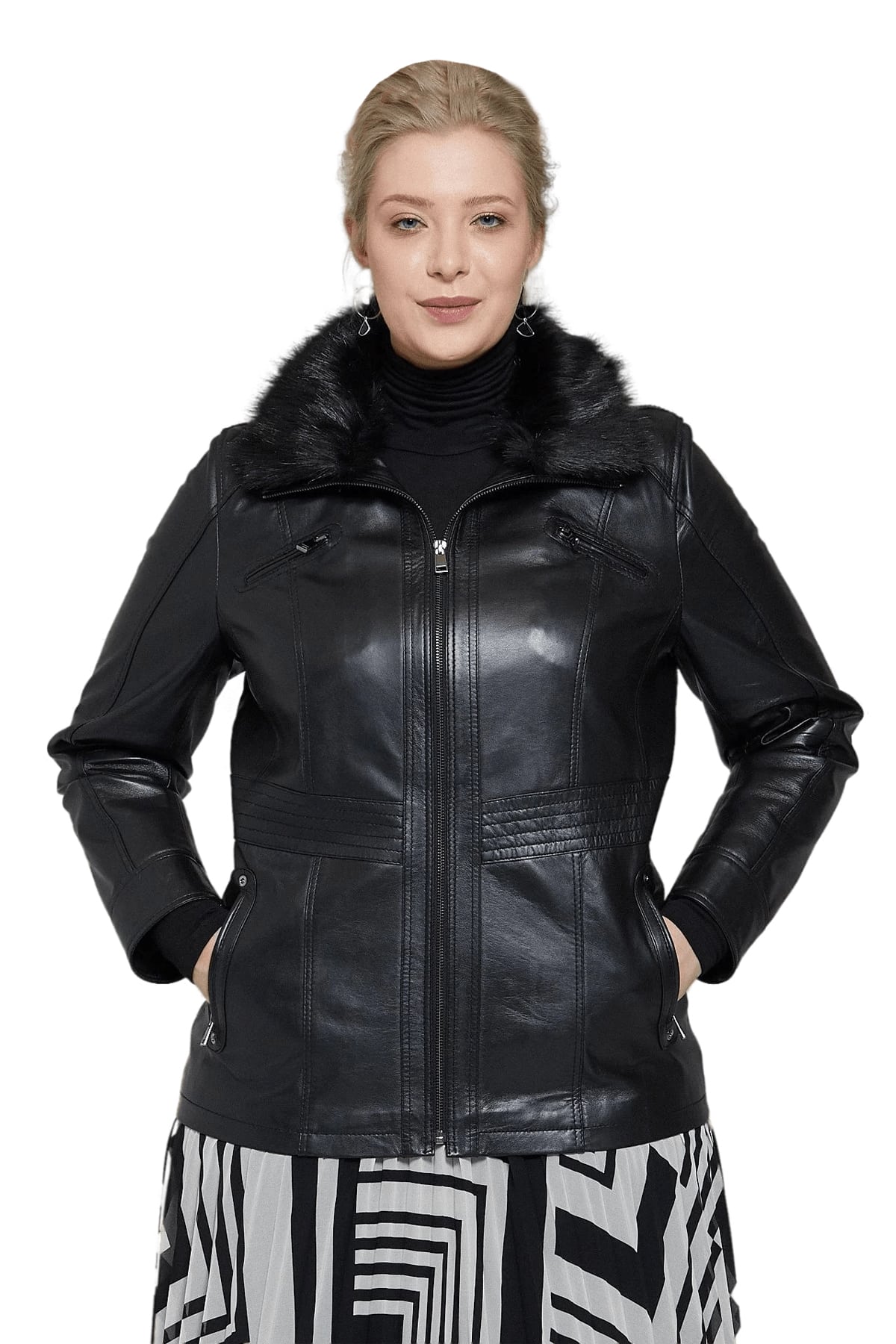 Lona Women's 100 % Real Black Leather Furry Collar Jacket