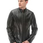 Men's 100% Real Black Leather Judge Collar Jacket