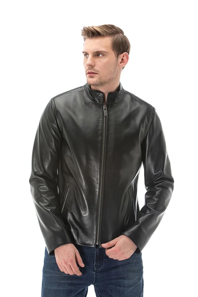 Men's 100 % Real Black Leather Judge Collar Jacket