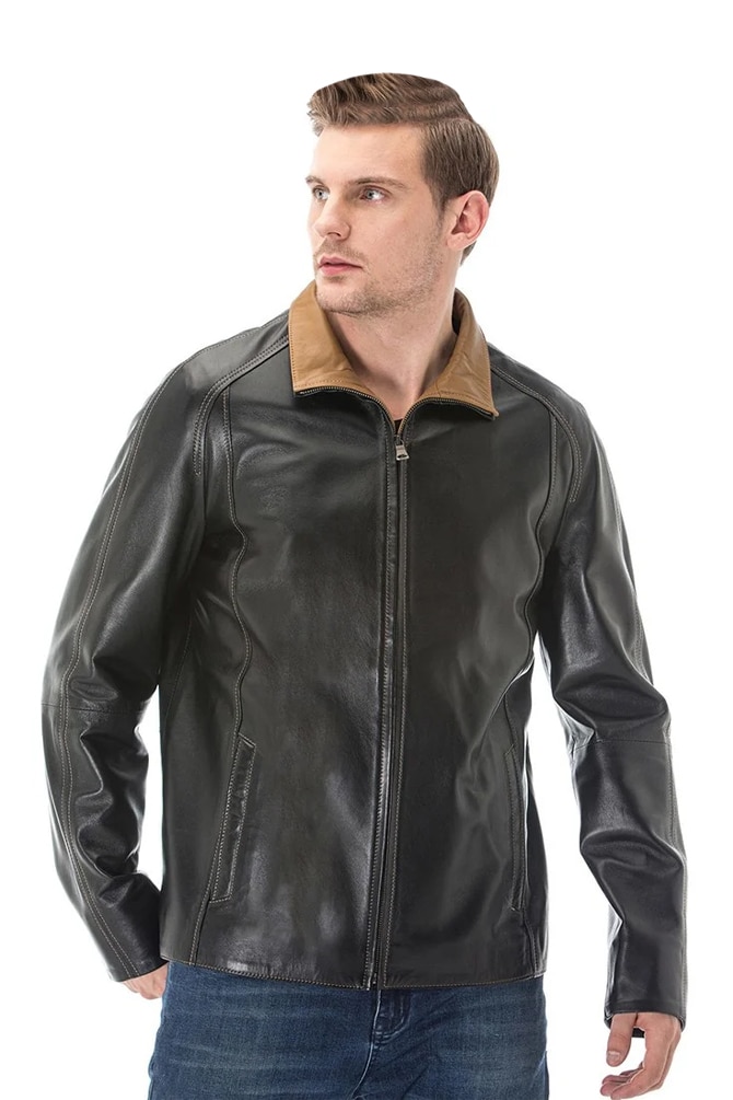 Men's 100 % Real Black Leather Brown Collar Jacket