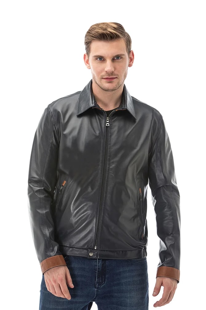 Men's 100 % Real Black Leather Double Colar Zig Jacket