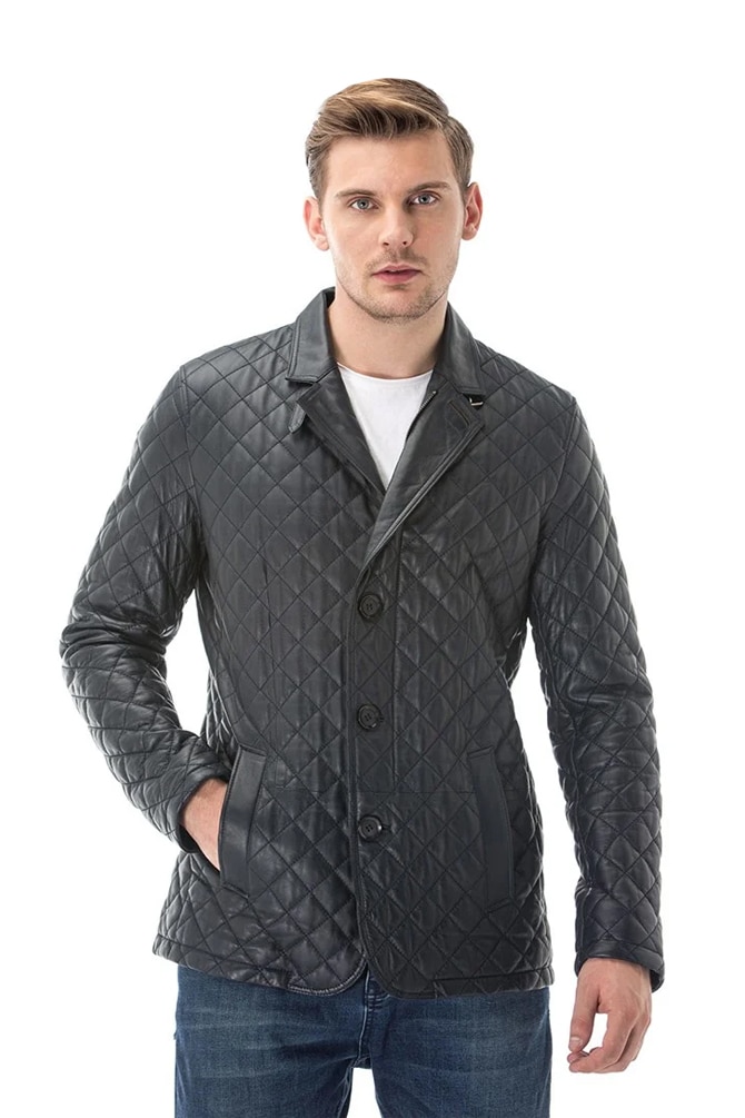 Men's 100 % Real Black Leather Quilted Embordered Jacket