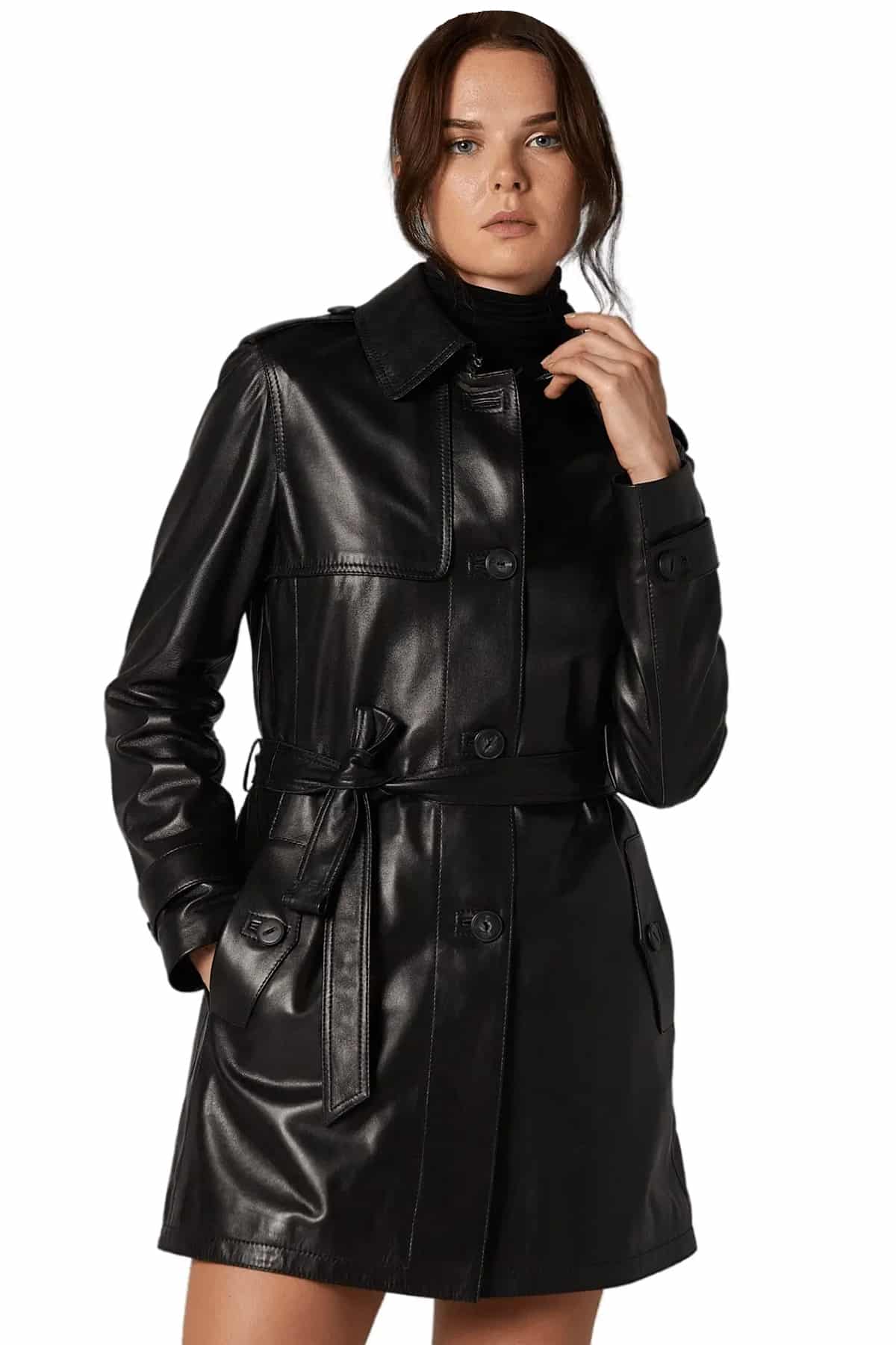 Real Women Trench Coat for Sale- Ladies Black Leather Jacket