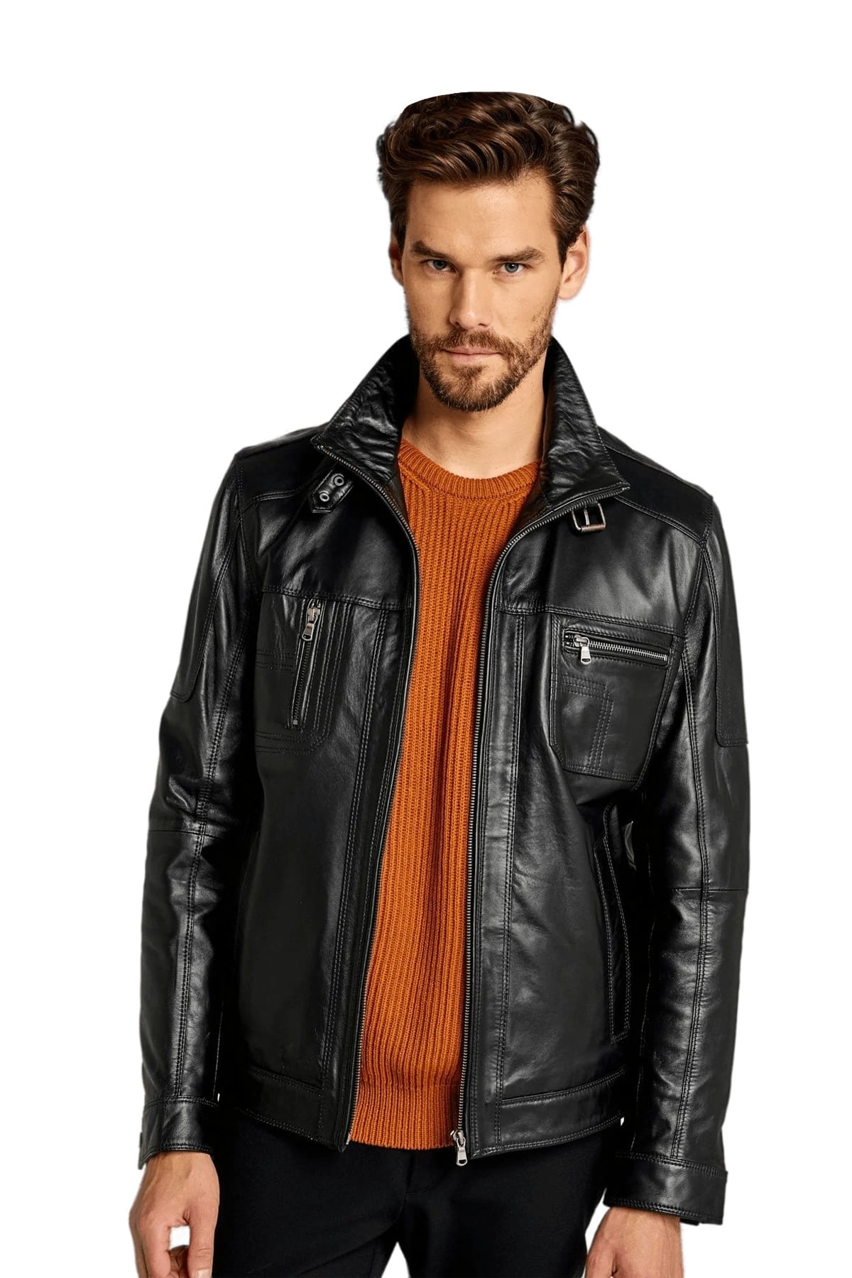 OZ Leather Men's Black Real Lambskin Biker Jacket – Zip Front, Collared, Waist Length