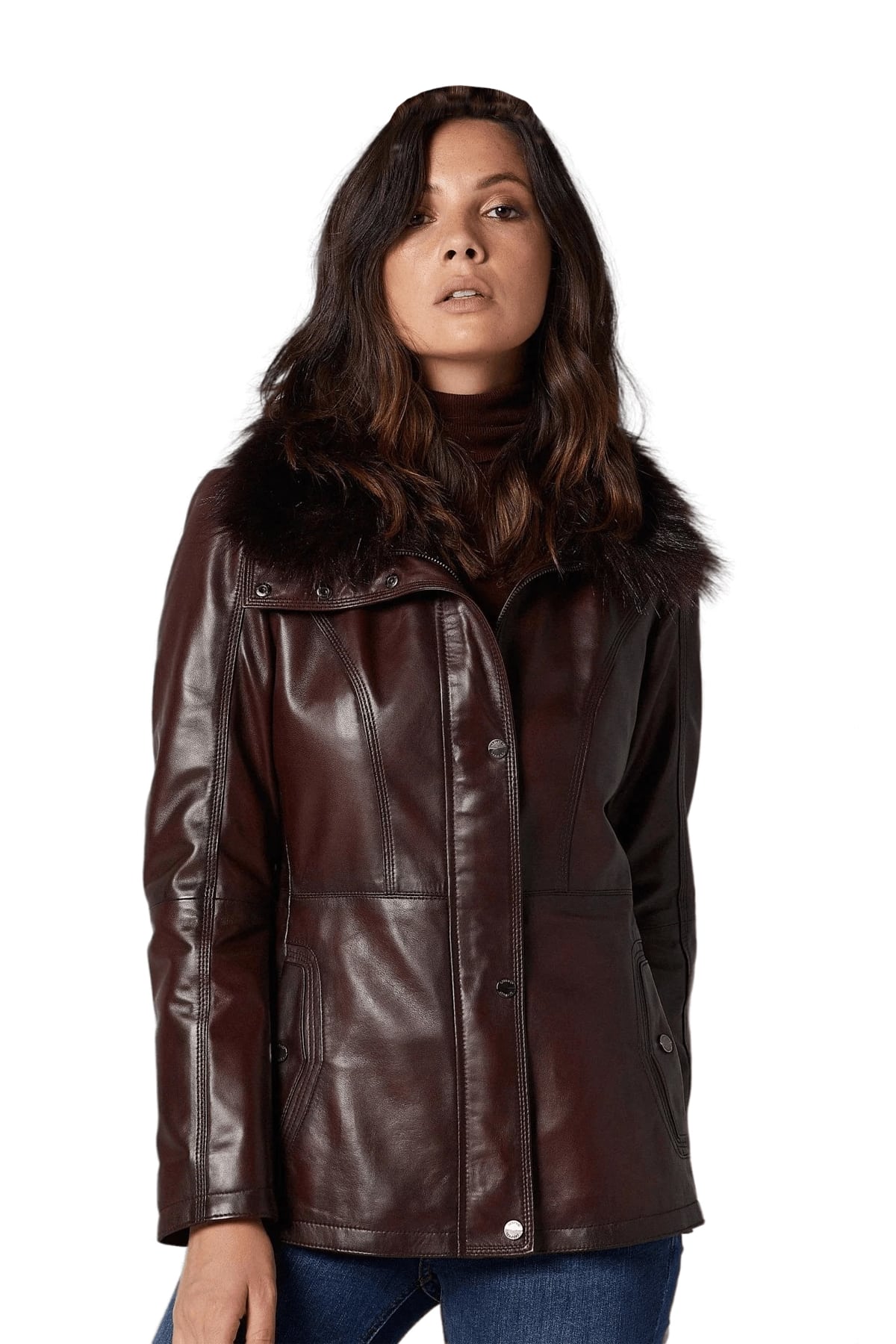 Women's Fur Collar Black Biker Aviator Style Leather Jacket