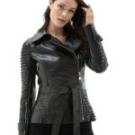 Women's 100% Real Black Leather Ruffle Sleeve Jacket