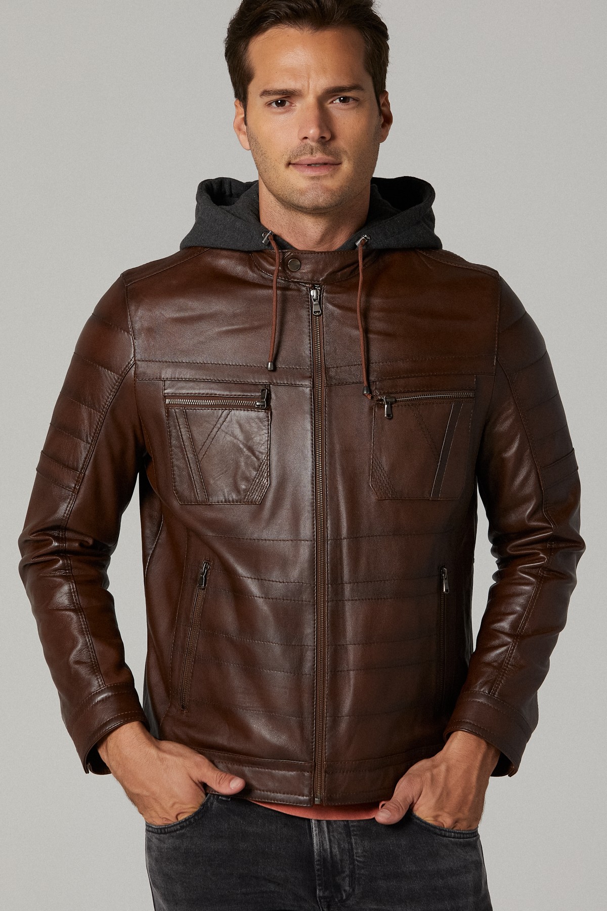 brown leather jacket mens with hood