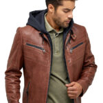 Alexandre Cunha Men's 100% Real Brown Leather Hooded Jacket