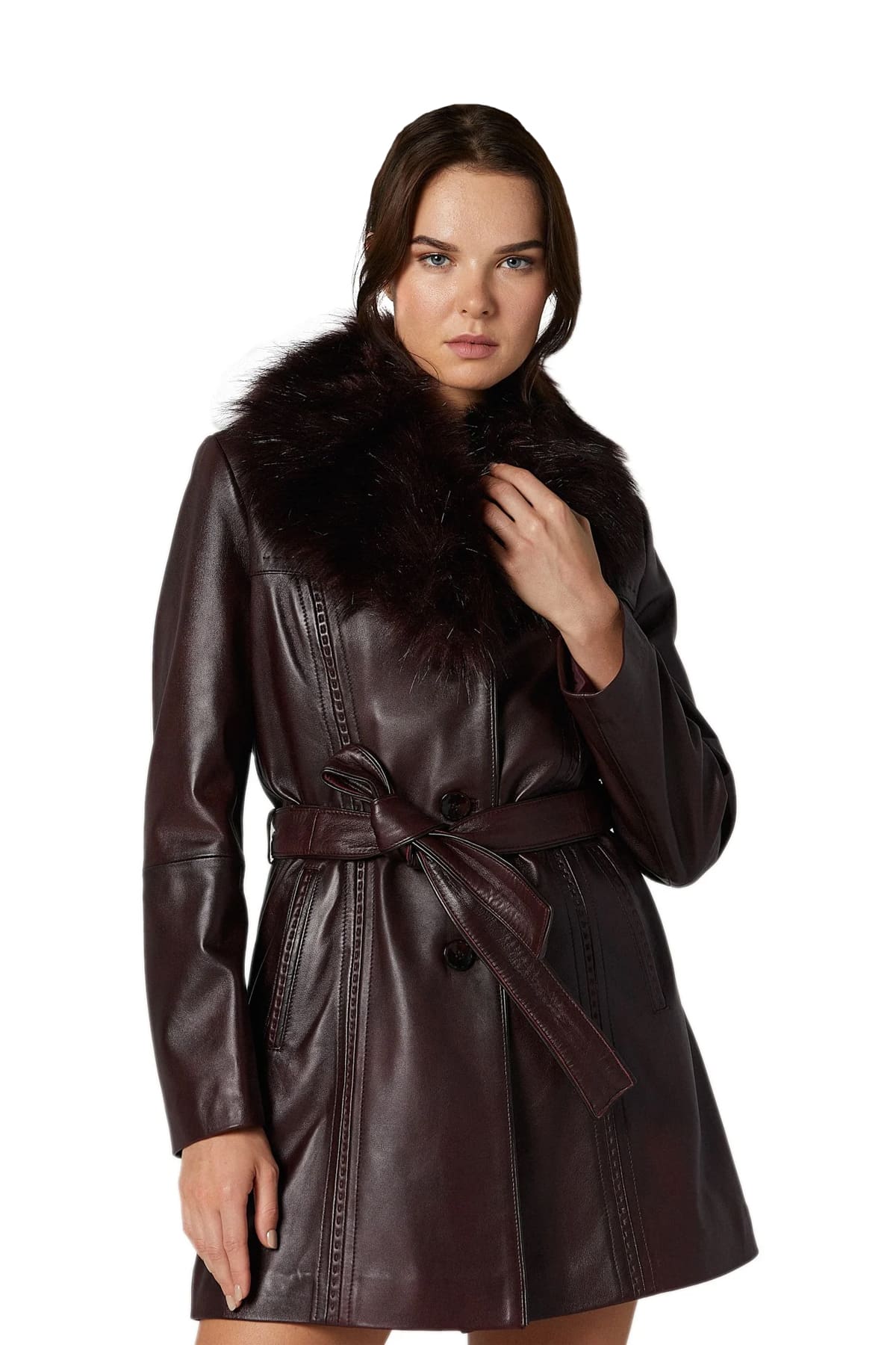 Bella Hadid Women's 100 % Real Dark Brown Leather Fur Collar Coat