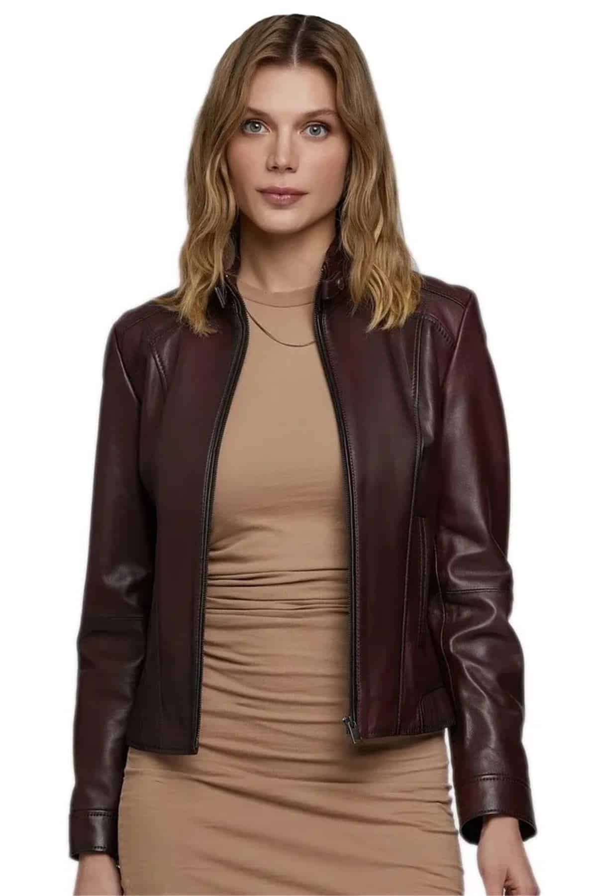 Womens Dark Brown Leather Sports Jacket Motorcycle Jacket