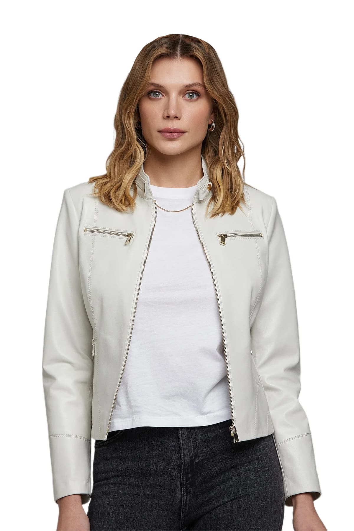 Estee Lalonde Women's 100 % Real Beige Leather Biker Jacket