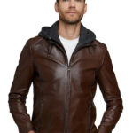 Johannes Huebl Men's 100% Real Brown Leather Hooded Style Classic Jacket
